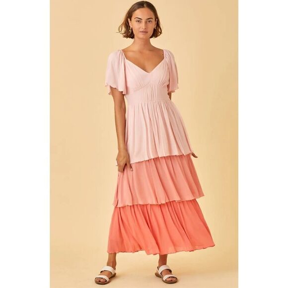 anthropologie polagram midi dress spring summer pink monochrome ruffle flutter M - Picture 1 of 15